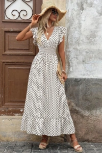 Kadın Kısa Kelebek Kollu Kruvaze Yakalı Desenli Süprem Elbise