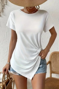 Kadın Kısa Kollu Asimetrik Kesim Bel Büzgü Düğüm Detay Viskon Bluz