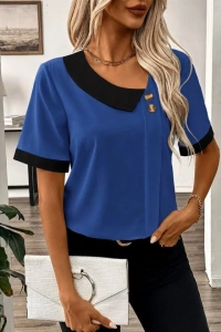 Kadın Kısa Kollu Asımetrik Yaka Detaylı Düğmeli Dubai Bluz