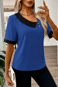 Kadın Kısa Kollu Asımetrik Yaka Detaylı Düğmeli Dubai Bluz