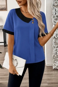 Kadın Kısa Kollu Asımetrik Yaka Detaylı Düğmeli Dubai Bluz