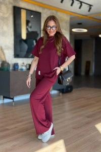 Kadın Kısa Kollu Bisiklet Yaka Asimetrik Viskon Iki Iplik Bluz Ve Pantolon Ikili Takım