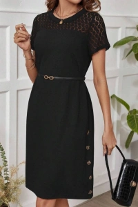 Kadın Kısa Kollu Bisiklet Yaka Dantel Detaylı Düğmeli Modal Elbise