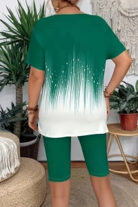 Kadın Kısa Kollu Bisiklet Yaka Desenli Dalgıç Bluz Ve Tayt Ikili Takım