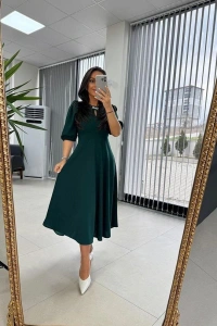 Kadın Kısa Kollu Bisiklet Yaka Fiyonk Broşlu Midi Janjan Krep Elbise