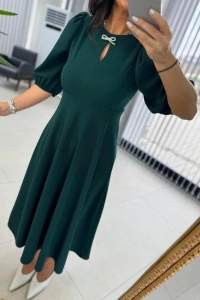 Kadın Kısa Kollu Bisiklet Yaka Fiyonk Broşlu Midi Janjan Krep Elbise