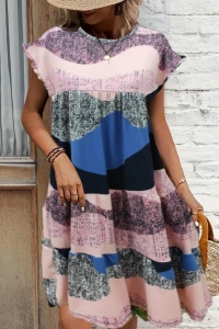 Kadın Kısa Kollu Bisiklet Yaka Kare Desenli Dalgıç Elbise