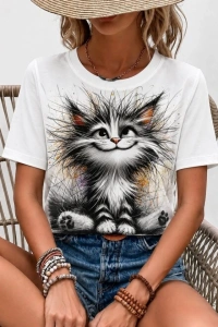 Kadın Kısa Kollu Bisiklet Yaka Kedi Baskılı Süprem Bluz