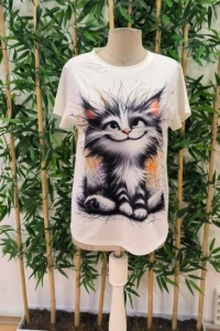 Kadın Kısa Kollu Bisiklet Yaka Kedi Baskılı Süprem Bluz