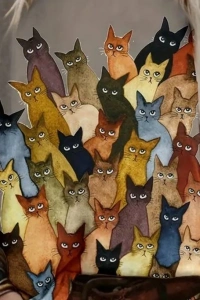 Kadın Kısa Kollu Bisiklet Yaka Kedi Desenli Süprem Bluz