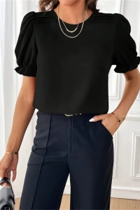 Kadın Kısa Kollu Bisiklet Yaka Kolları Gipeli Ithal Krep Bluz