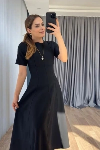 Kadın Kısa Kollu Bisiklet Yaka Maksi Boy Ithal Krep Elbise