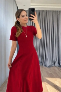 Kadın Kısa Kollu Bisiklet Yaka Maksi Boy Ithal Krep Elbise