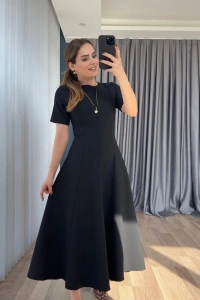 Kadın Kısa Kollu Bisiklet Yaka Maksi Boy Ithal Krep Elbise