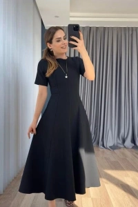 Kadın Kısa Kollu Bisiklet Yaka Maksi Boy Ithal Krep Elbise