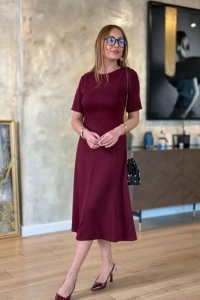 Kadın Kısa Kollu Bisiklet Yaka Midi Viskon Iki Iplik Elbise