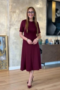 Kadın Kısa Kollu Bisiklet Yaka Midi Viskon Iki Iplik Elbise