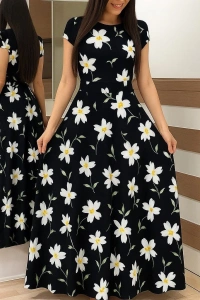 Kadın Kısa Kollu Bisiklet Yaka Puantiyeli Maksi örme Krep Elbise