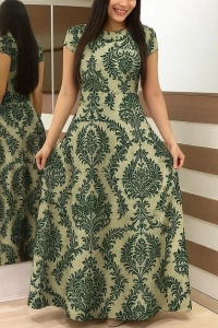 Kadın Kısa Kollu Bisiklet Yaka Puantiyeli Maksi örme Krep Elbise