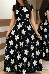 Kadın Kısa Kollu Bisiklet Yaka Puantiyeli Maksi örme Krep Elbise