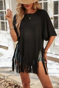 Kadın Kısa Kollu Bisiklet Yaka Püsküllü Viskon Bluz