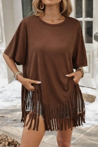 Kadın Kısa Kollu Bisiklet Yaka Püsküllü Viskon Bluz