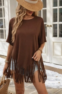 Kadın Kısa Kollu Bisiklet Yaka Püsküllü Viskon Bluz