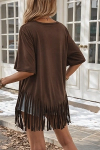 Kadın Kısa Kollu Bisiklet Yaka Püsküllü Viskon Bluz