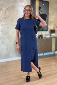 Kadın Kısa Kollu Bisiklet Yakalı Cepli önden Yırtmaçlı Viskon Iki Iplik Midi Elbise