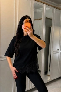 Kadın Kısa Kollu Bisiklet Yakalı Dantel Detaylı Viskon Iki Iplik Bluz