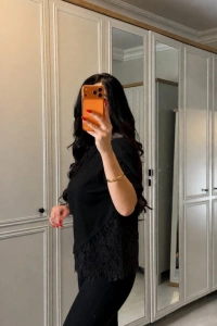 Kadın Kısa Kollu Bisiklet Yakalı Dantel Detaylı Viskon Iki Iplik Bluz