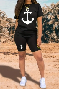 Kadın Kısa Kollu çapa Baskılı Viskon Ikili Takım