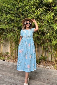 Kadın Kısa Kollu çiçek Baskı Midi Boy Süprem Elbise