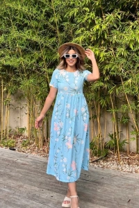 Kadın Kısa Kollu çiçek Baskı Midi Boy Süprem Elbise