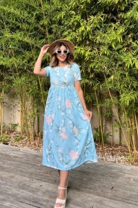 Kadın Kısa Kollu çiçek Baskı Midi Boy Süprem Elbise