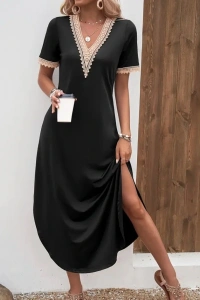 Kadın Kısa Kollu Dantel V Yakalı Uzun Viskon Elbise