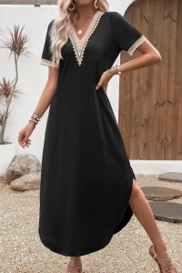 Kadın Kısa Kollu Dantel V Yakalı Uzun Viskon Elbise