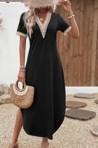 Kadın Kısa Kollu Dantel V Yakalı Uzun Viskon Elbise