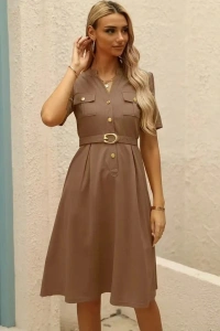 Kadın Kısa Kollu Düğmeli Ve Kemerli Atlas Elbise