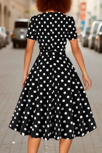 Kadın Kısa Kollu Geometrik Yaka Puantiyeli Kiloş Midi Süprem Elbise