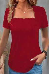 Kadın Kısa Kollu Kare Lazer Yakalı Janjan Krep Bluz