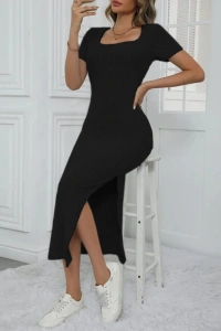 Kadın Kısa Kollu Kare Yaka Yandan Yırtmaçlı Fitilli Kaşkorse Elbise