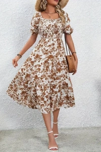 Kadın Kısa Kollu Kare Yakalı Lastikli Desenli Süprem Elbise