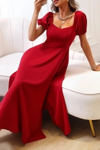 Kadın Kısa Kollu Kare Yakalı Yırtmaçlı Midi Janjan Krep Elbise