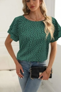 Kadın Kısa Kollu Kolları Volanlı Baskılı Süprem Bluz