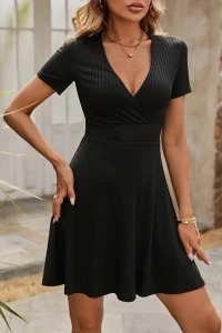 Kadın Kısa Kollu Kruvaze Yaka A Kesim Kalın Fitilli Kaşkorse Elbise