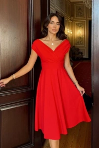 Kadın Kısa Kollu Kruvaze Yaka Eteği Volanlı Krep Elbise