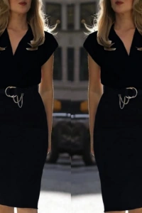 Kadın Kısa Kollu Kruvaze Yaka Krep Elbise (Kemersiz)