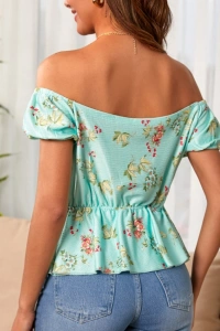 Kadın Kısa Kollu Madonna Yaka çiçek Desenli Düğme Detay Gipeli Süprem Kumaş Bluz