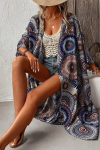 Kadın Kısa Kollu önü Açık Belden Kuşaklı Uzun Kimono